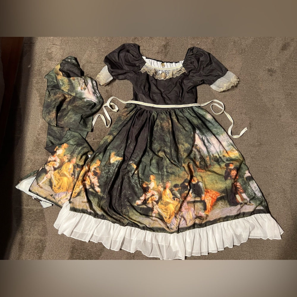 Green Oil Painting Classic Lolita OP Dress EGL w/ Sash, Belt, & Cameo Brooch Tao